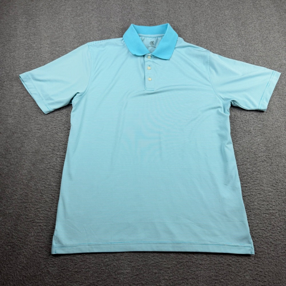 PGA Tour Men's M Medium Aqua Blue Striped Polo Shirt Short Sleeve‎ Golf Top